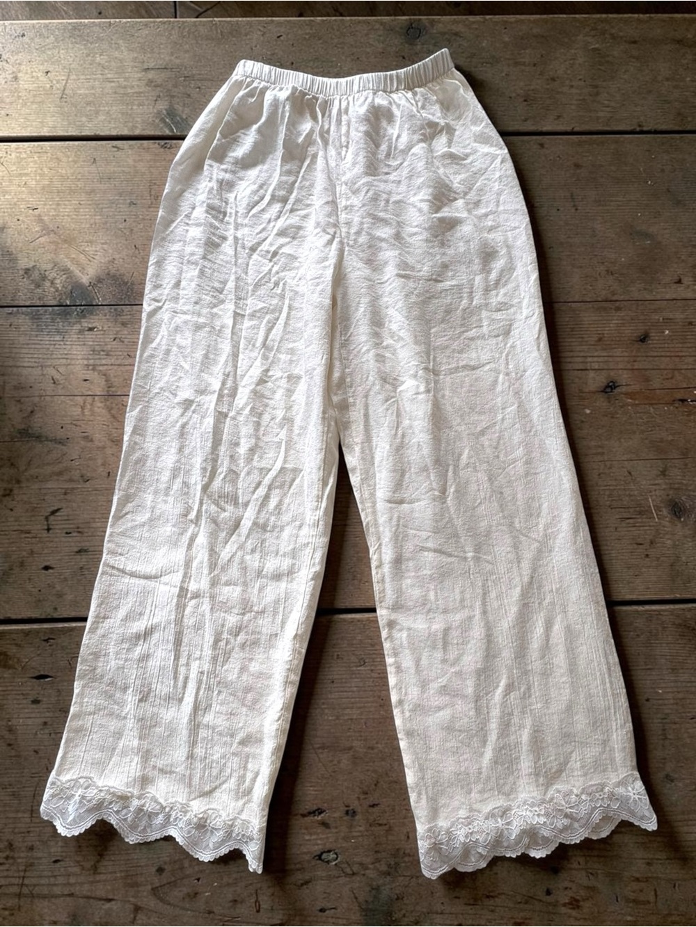 Cream Lace-Trim Gauze Lounge Pants Resort Wear Size Medium Wide Leg - Picture 2 of 7